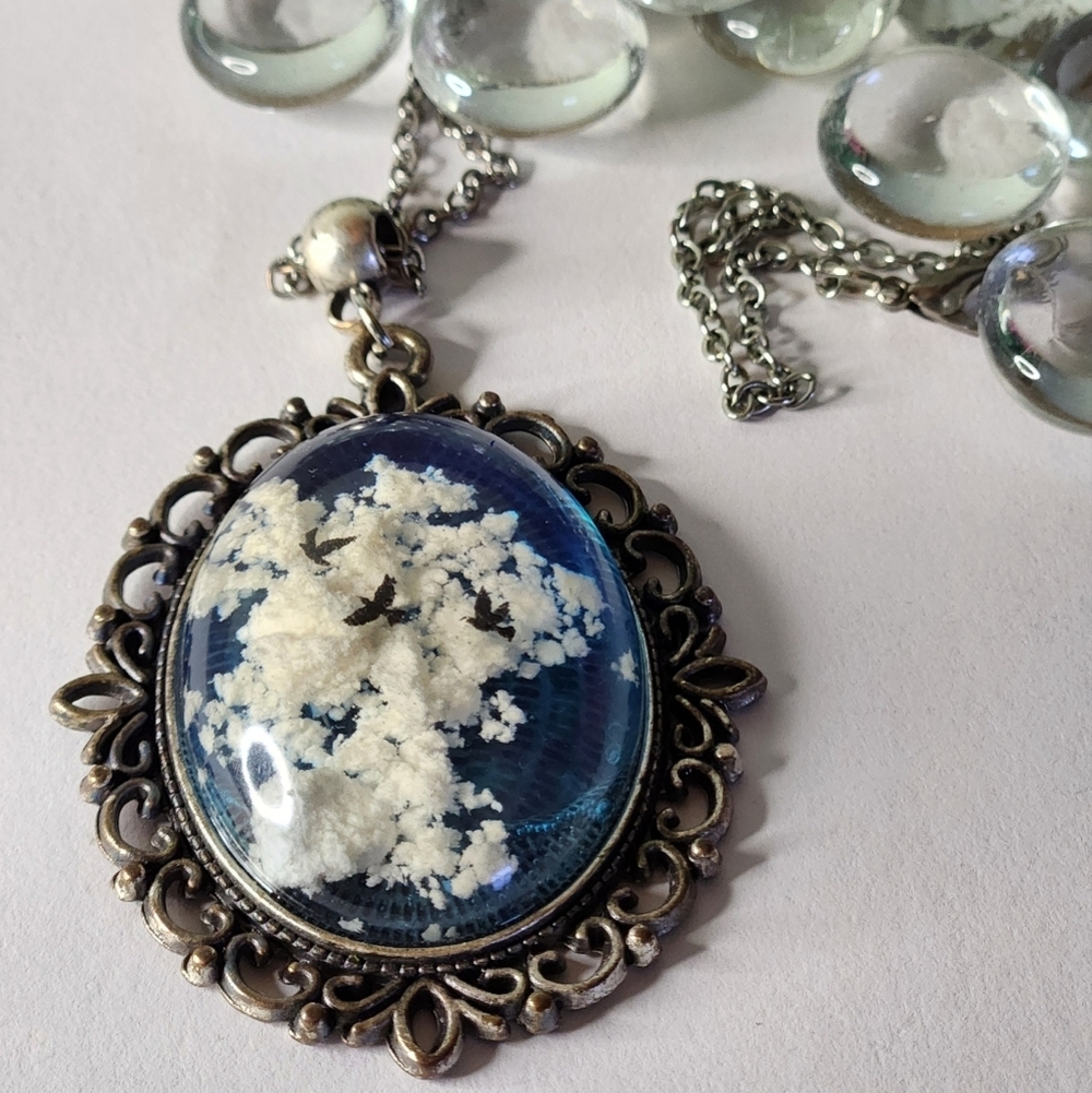 Antique Epoxy Necklace, Long-chain Vintage Oval Pendant (Handmade)